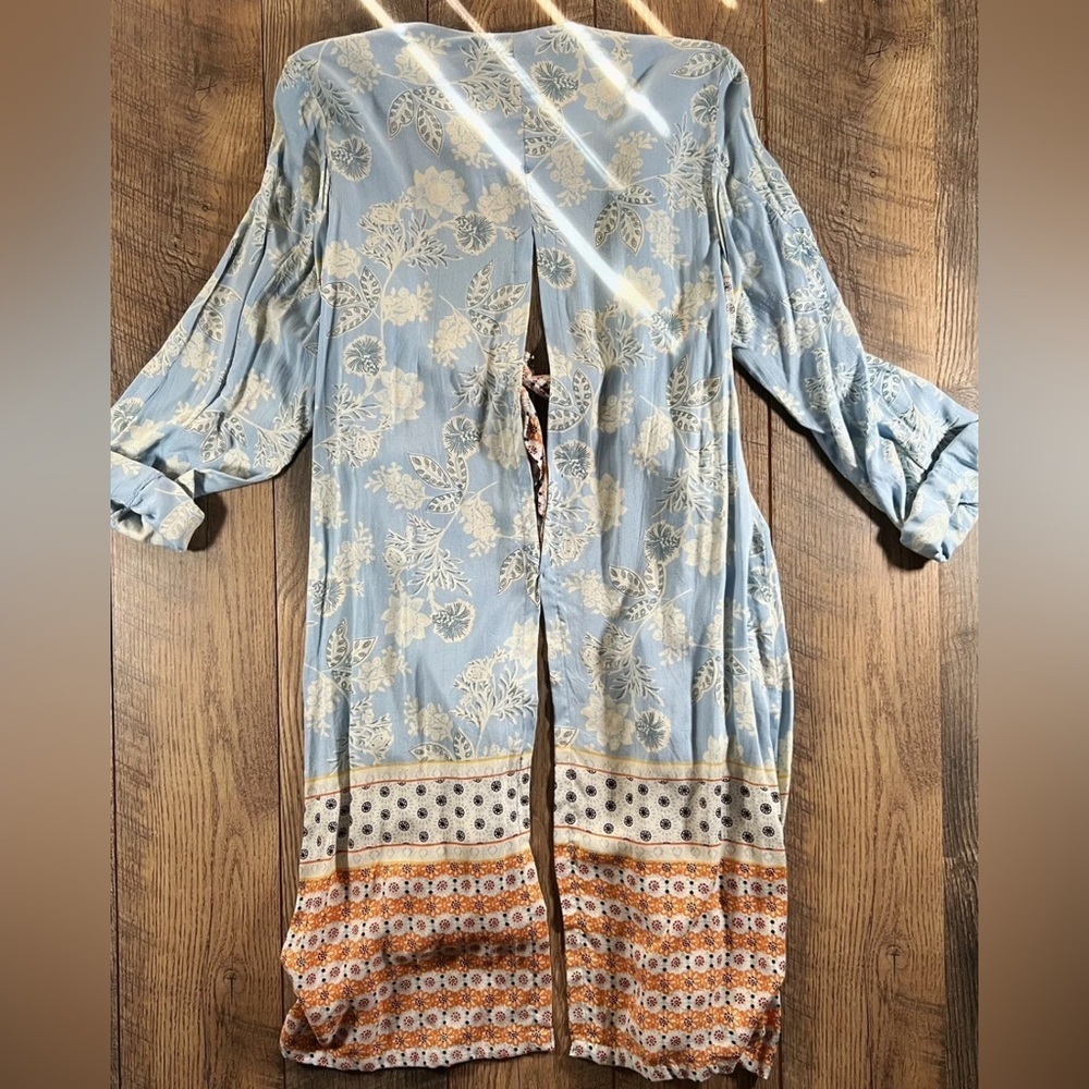 ANGIE Kimono Womens Small Blue Floral Print Open Boho Belted Cardigan Duster - Picture 6 of 8